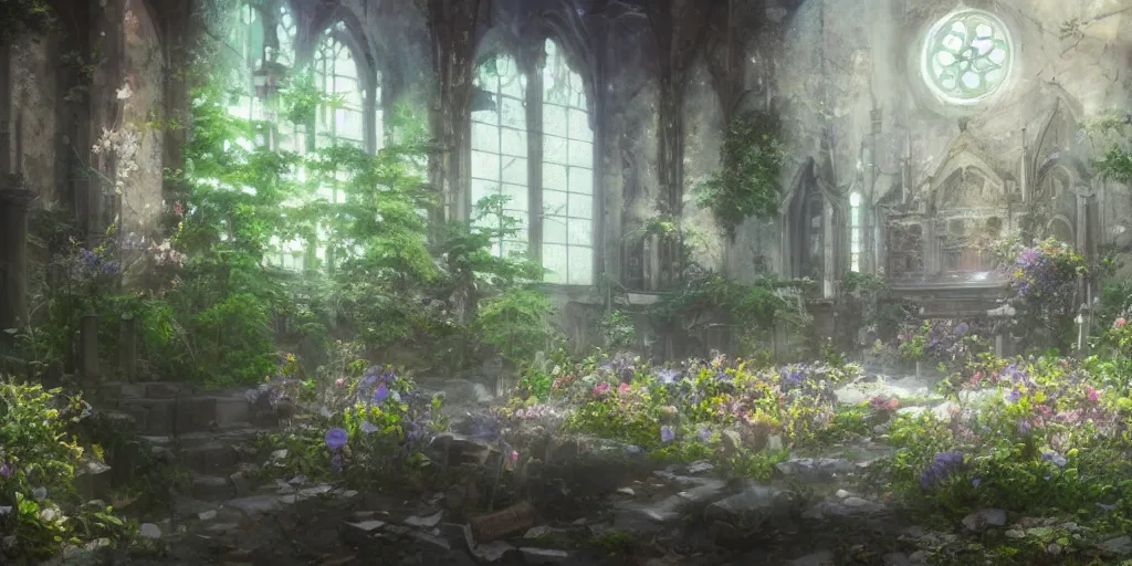 Image similar to anime kyoto animation key by greg rutkowski, violet evergarden in abandoned chapel with overgrown flowers and plants