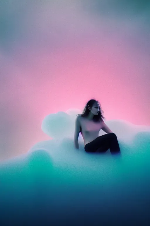 Image similar to high quality pastel coloured film close up wide angle photograph of a model wearing clothing resting on cloud furniture in a icelandic black rock environment in a partially haze filled dreamstate world. three point light, rainbow. photographic production. art directed. pastel colours. volumetric clouds. pastel gradient overlay. waves glitch artefacts. extreme facial clarity. 8 k. filmic.