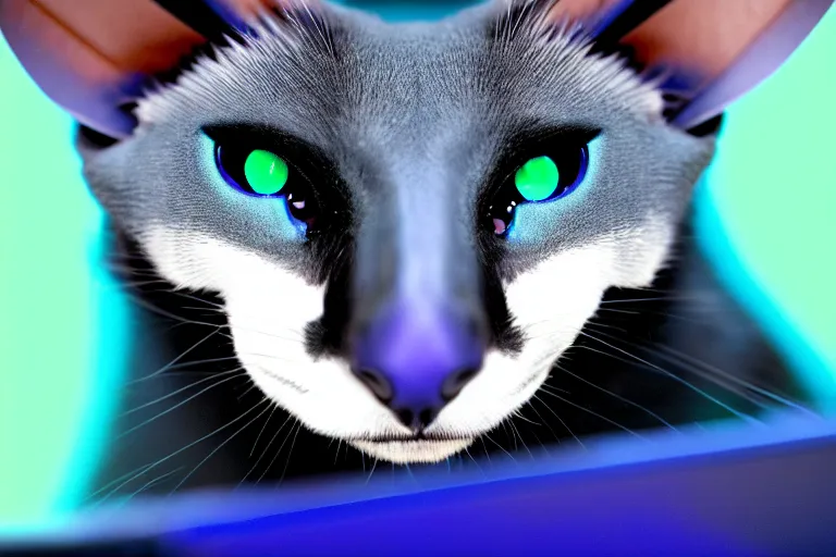 Prompt: a blue - and - black male heterochromatic catbat fursona with blue / green heterochromatic eyes ( differently - colored eyes, one green, one blue ) and huge bat ears, photo of the catbat streaming on his computer