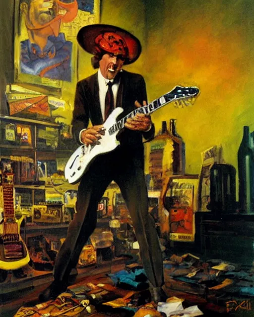 Image similar to Snake Oil salesman shredding on a Gibson Les Paul in a snake oil warehouse, painting by Frank Frazetta