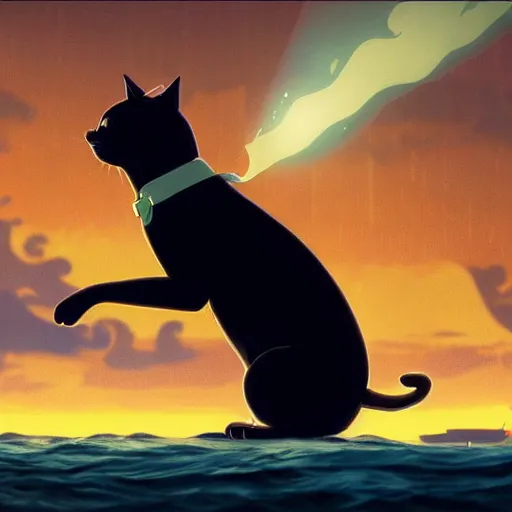 Prompt: a wholesome animation creative key shot of a black cat sailing a ship in the night, full shot, studio ghibli, pixar and disney animation, sharp, rendered in unreal engine 5, anime key art by greg rutkowski, bloom, dramatic lighting