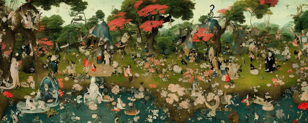 Image similar to Japanese Garden by Hieronymus Bosch and James Jean, Ross Tran, Green Screen Background, hypermaximalist, 8k, surreal oil painting, highly detailed, dream like, masterpiece