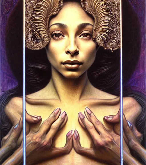 Image similar to detailed realistic beautiful young sade adu face portrait by jean delville, gustave dore and marco mazzoni, art nouveau, symbolist, visionary, baroque, intricate fractal, biomechanical. horizontal symmetry by zdzisław beksinski, iris van herpen, raymond swanland and alphonse mucha. highly detailed, hyper - real, beautiful