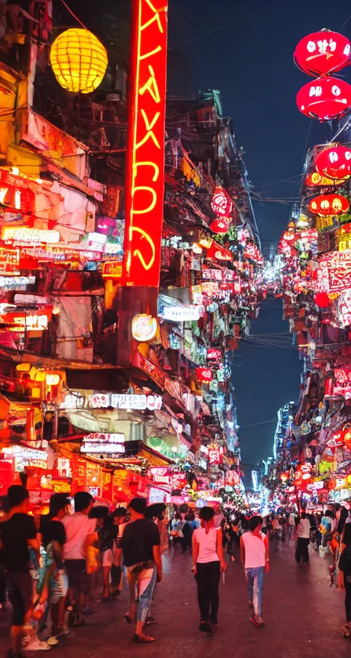 Prompt: New Saigon on Red Mars entertainment district street scene with lovers vendors and neon signed buildings. People are taking their fun seriously by Tsuchiya Koitsu