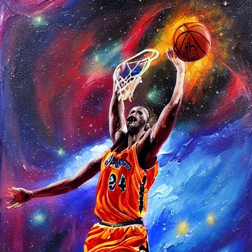 Image similar to An expressive oil painting of a basketball player dunking, depicted as an explosion of a nebula