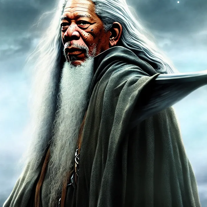 Image similar to morgan freeman starring as gandalf in lord of the rings, epic professional digital art, best on artstation, cgsociety, wlop, behance, pixiv, cosmic, epic, stunning, gorgeous, much detail, much wow, masterpiece by dorian cleavanger and stanley lau