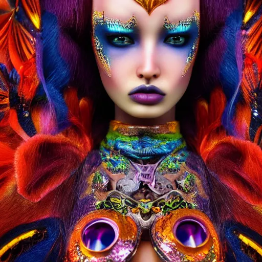 Image similar to Fiery, imposing stunning maximalist mesmerizing girl from the rainbow sky paradise, high-tech, professional high fashion model photo shoot for Klingon fashion, hyperdetailed by Mark Ryden and artgerm and Hiroyuki-Mitsume Takahashi, close-up 35mm macro shot, hyperrealism, 8k resolution 3D, cinematic, dynamic lighting, octane render, unreal engine 5