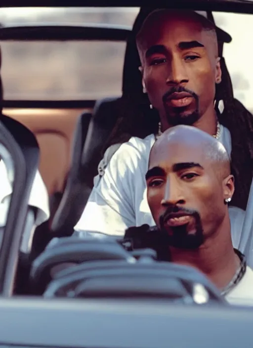 Prompt: film still of Tupac sitting inside a black bmw in las vegas with kim kardashian, 4k