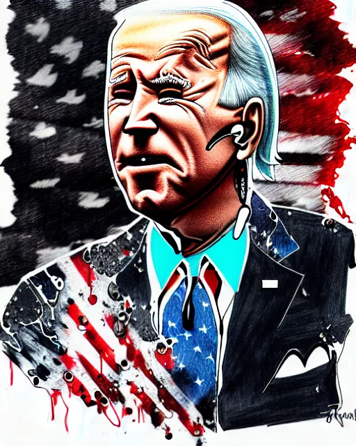 Image similar to an political caricature of joe biden, by gerald scarf and ralph steadman, illustration, ink drips, front angle, ink splatters, pen and ink, flat color, distorted features, spittle, drawing, facing front, anatomically correct, beautiful perfect face, sharp focus, highly detailed, cinematic lighting, 8 k, hd