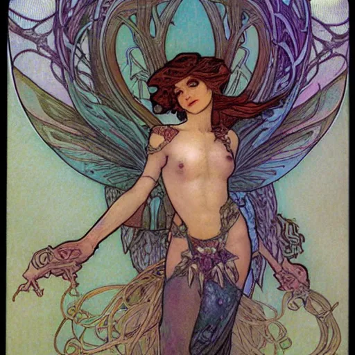 Prompt: the cyberpunk fairies of the mucha style