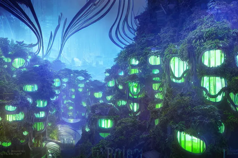 Image similar to futuristic foliage overgrowing favela bioluminescence fungus hive, art nouveau environment, award winning art, epic dreamlike fantasy landscape, ultra realistic,