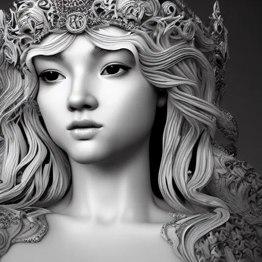 Image similar to wonderful princess made of marble, beautiful face, hyper detailed, flowing psychadelic background intricate and detailed, ornate 8 k gorgeous intricate detailed, octane render, black and white