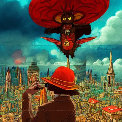 Image similar to 8K centered headshot Portrait of a psychedelic godlike mothman posing with a cigar with giant mandala wings smoking a hand-rolled cigarette smoking heavily , magic mushroom village in background , post-processing , award winning. superb resolution. in the art style of Satoshi Kon and Greg Rutkowski , Detailed Mushroom city in background , Hyper realistic anime , Perfect art , Dalle2