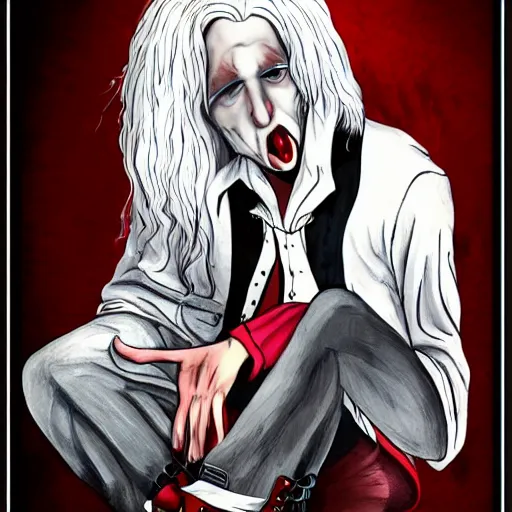 Image similar to Full picture of a white hair dracula wearing Dr. Martens shoes