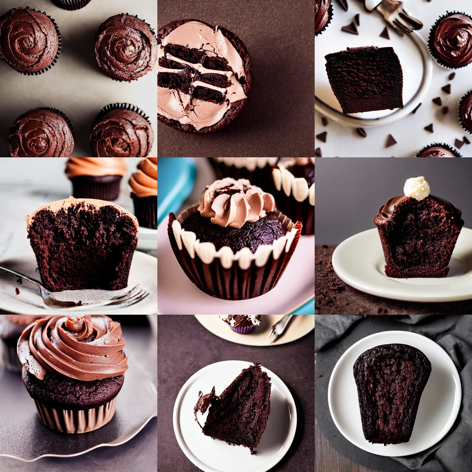 Prompt: a bisected chocolate cupcake showing bones inside, professional food photography