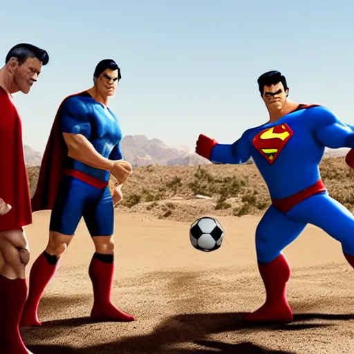 Image similar to supermen and hulk playing soccer together at desert