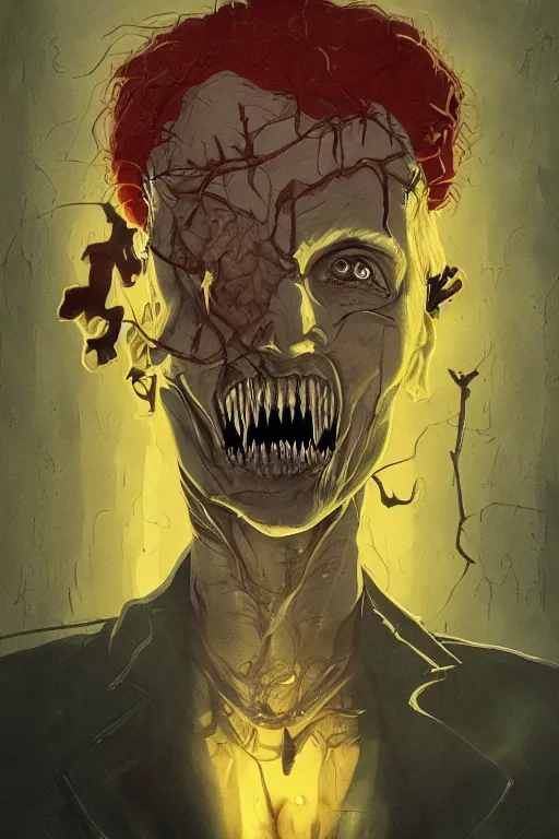 Image similar to the man in the yellow hat in sleepy hollow, full body, big two toned eyes, teeth gritted, horror, intricate details, cinematic, epic, realistic, anatomy, tomer hanuka, uplight, artstation, photorealistic, scary