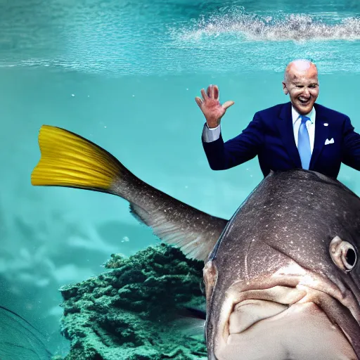 Prompt: president biden riding a fish underwater, ultra realistic, 8 k, ultra details, highly detailed face, sharp focus