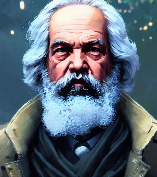 Image similar to highly detailed portrait karl marx in gta v, cyborg, cyberpunk, stephen bliss, unreal engine, fantasy art by greg rutkowski, loish, rhads, ferdinand knab, makoto shinkai and lois van baarle, ilya kuvshinov, rossdraws, tom bagshaw, global illumination, radiant light, detailed and intricate environment