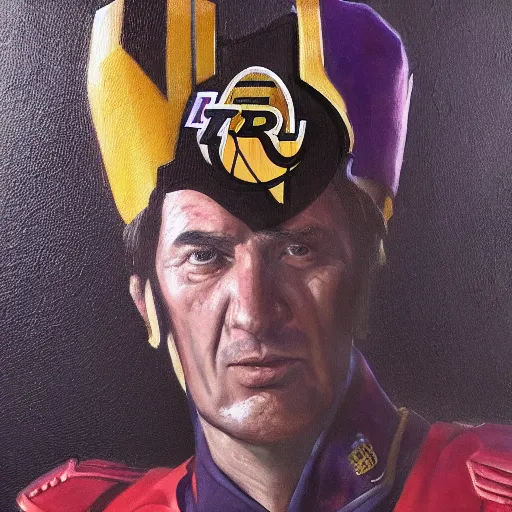 Image similar to full body portrait of a zerg overlord from star craft as the dictator of the los angeles lakers in full military garb, oil on canvas by william sidney mount, trending on artstation