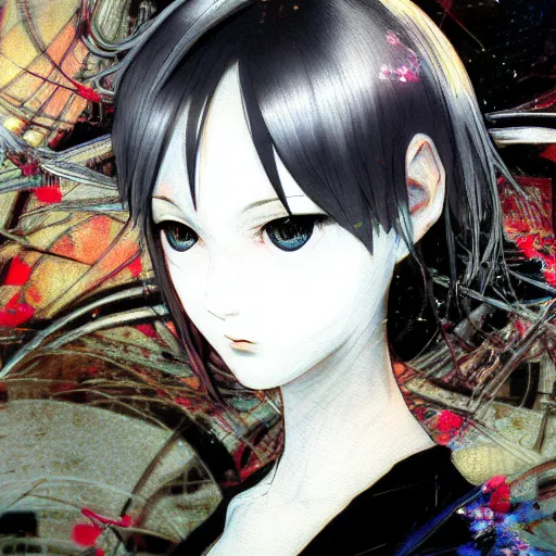 Prompt: Yoshitaka Amano realistic illustration of an anime girl with short white hair and black eyes wearing tuxedo, abstract black and white patterns on the background, noisy film grain effect, highly detailed, Renaissance oil painting, old tv glitch effect