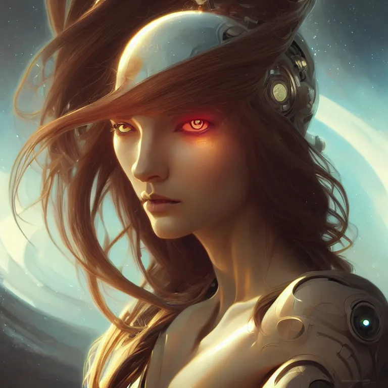 Image similar to futuristic woman portrait, sci-fi, amber eyes, face, long hair, fantasy, intricate, elegant, highly detailed, digital painting, artstation, concept art, smooth, sharp focus, illustration, art by artgerm and greg rutkowski and alphonse mucha