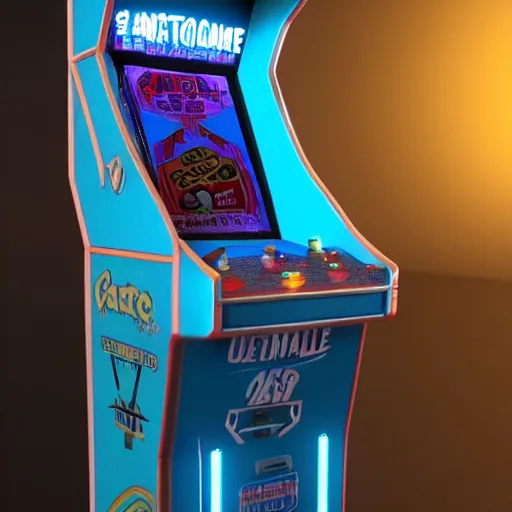 Image similar to 1990s arcade machine, octane render, unreal engine, digital art, Artstation, Trending on Artstation, Artstation HQ, Artstation HD, cgsociety, Pinterest, 8k , close up to the screen, wide angle, godrays, volumetric, reflections, cinematic, epic, coherent, 3D Render,