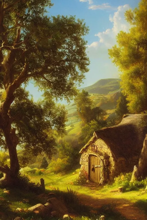 Image similar to asher brown durand oil painting on canvas of tolkien's the shire hobbiton