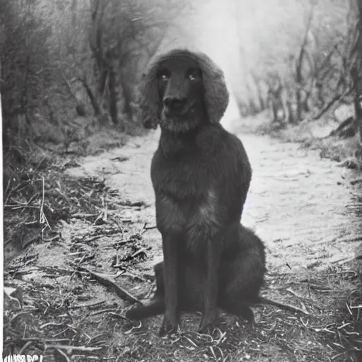 Prompt: black dog, fluffy ears, plastic trench, 1 9 4 0 war photography