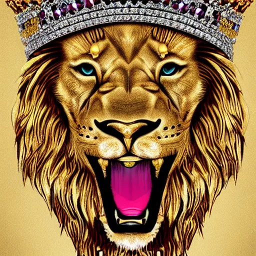 Image similar to a lion emperor adorned in jewels. hyper realistic, king, gold crown, portrait