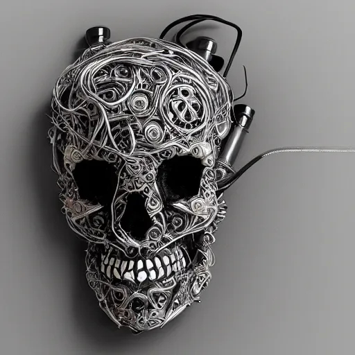 Prompt: intricately crafted ornate cybernetic skull with messy wiring