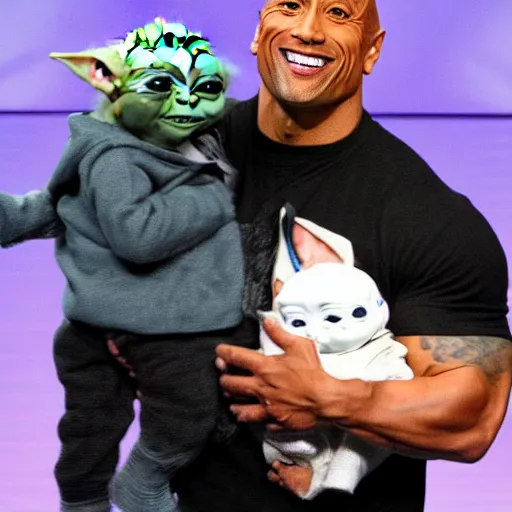 Image similar to Dwayne Johnson carries baby Yoda in his hands