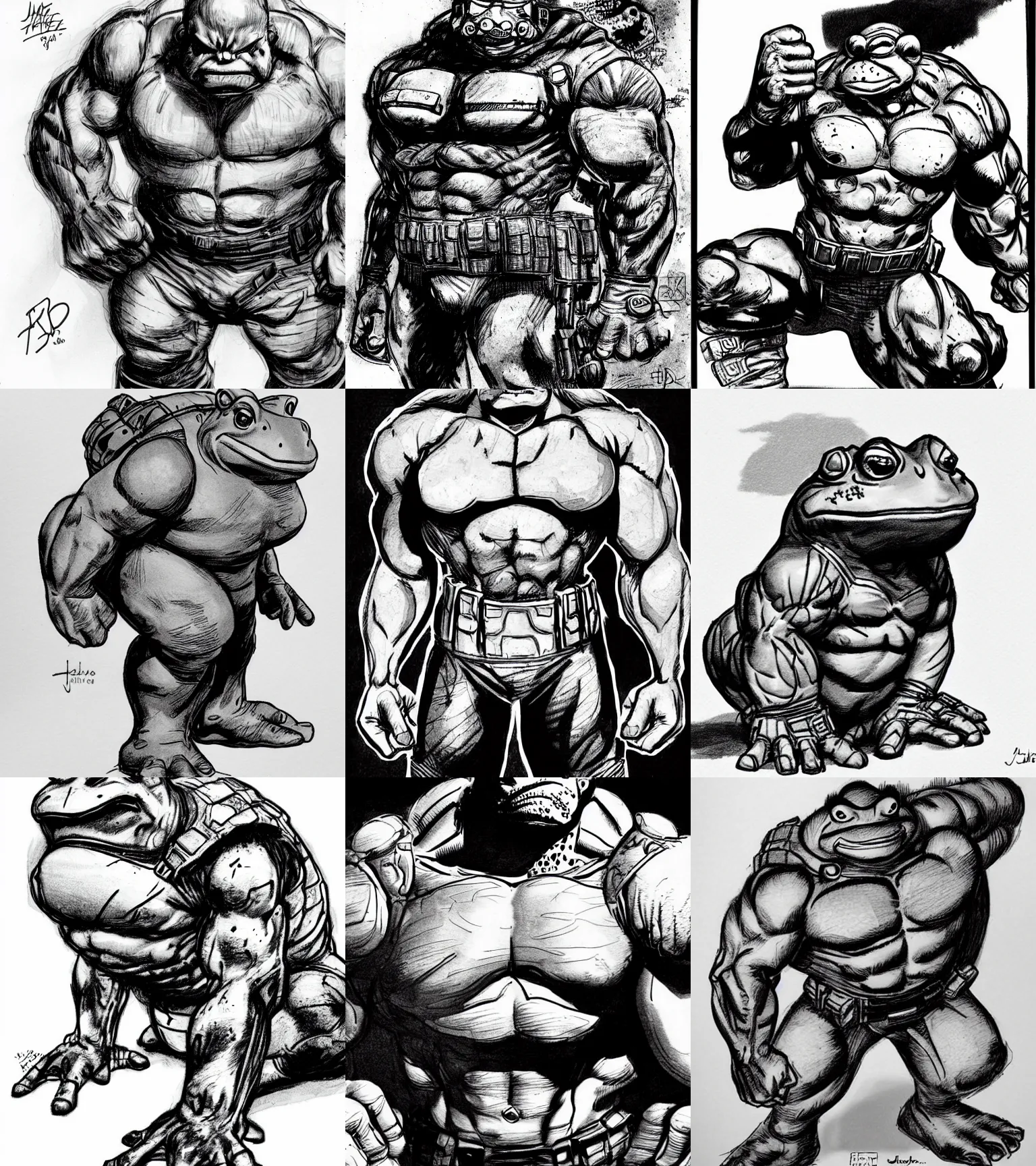 Prompt: toad animal!!! jim lee!!! medium shot!! flat grayscale ink sketch by jim lee close up in the style of jim lee, depressed dramatic bicep pose, borderlands swat soldier chest armor military hulk toad animal looks at the camera by jim lee
