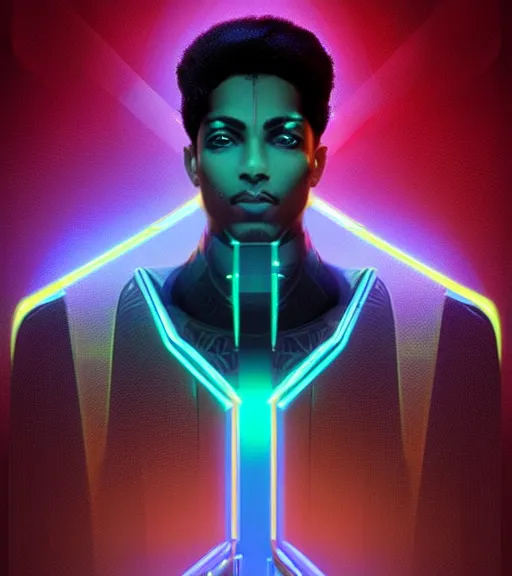 Image similar to symmetry!! egyptian prince of technology, solid cube of light, hard edges, product render retro - futuristic poster scifi, lasers and neon circuits, brown skin man egyptian prince, intricate, elegant, highly detailed, digital painting, artstation, concept art, smooth, sharp focus, illustration, dreamlike, art by artgerm