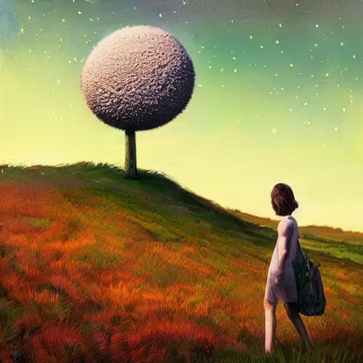 Prompt: giant daisy flower as a head, girl walking in grass, hills, surreal photography, moon light, dark night, stars, dramatic light, impressionist painting, clouds, digital painting, artstation, simon stalenhag