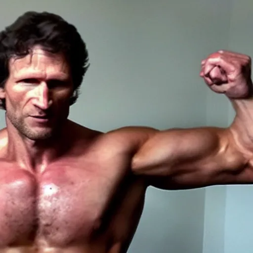 Prompt: gigachad Todd Howard of Bethesda Game Studios showing off his gains