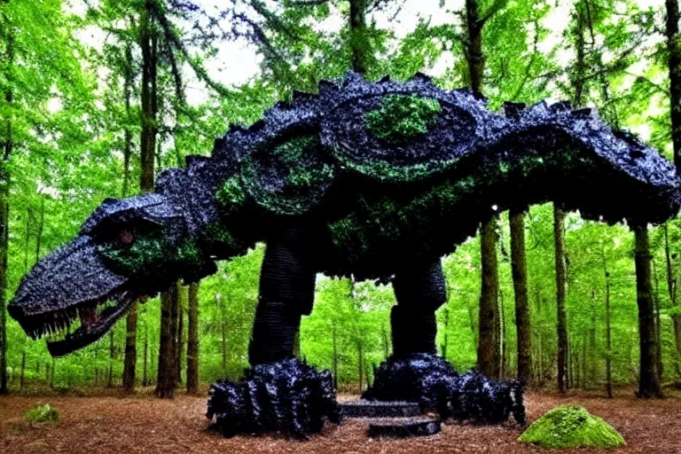 Image similar to mossy recycled tire sculpture of a tyrannosaurus in the forest