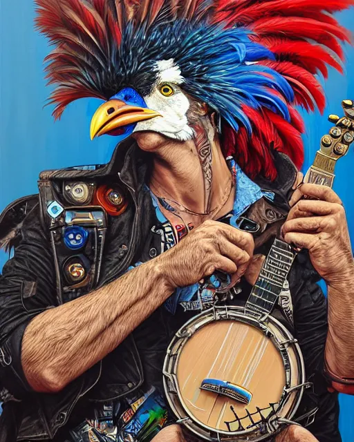 Image similar to a portrait of an anthropomorphic cyberpunk rooster shredding a banjo by sandra chevrier, by jon foster, detailed render, tape deck, epic composition, cybernetics, 4 k realistic, cryengine, realistic shaded lighting, sharp focus, masterpiece, by enki bilal