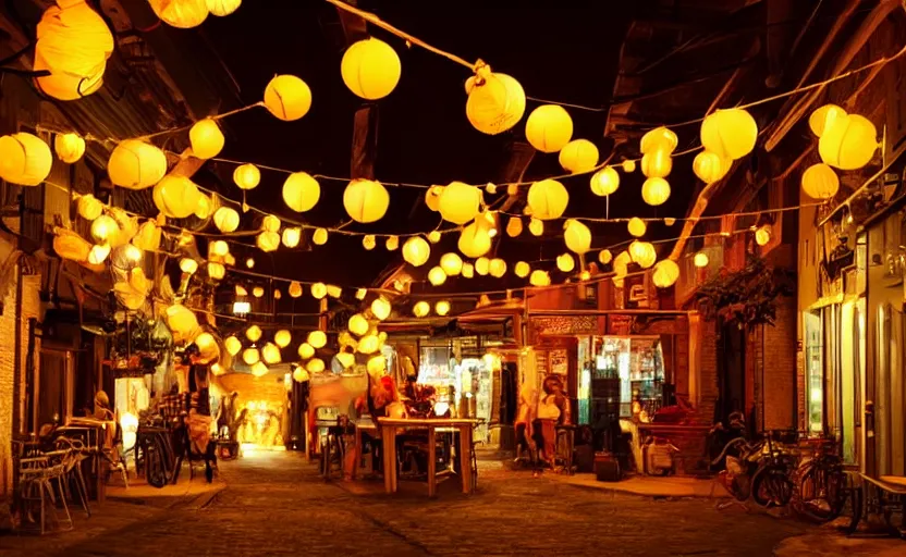 Prompt: mini cafe diorama macro photography, alleyway, ambient, colorful paper lanterns, string lights, romantic