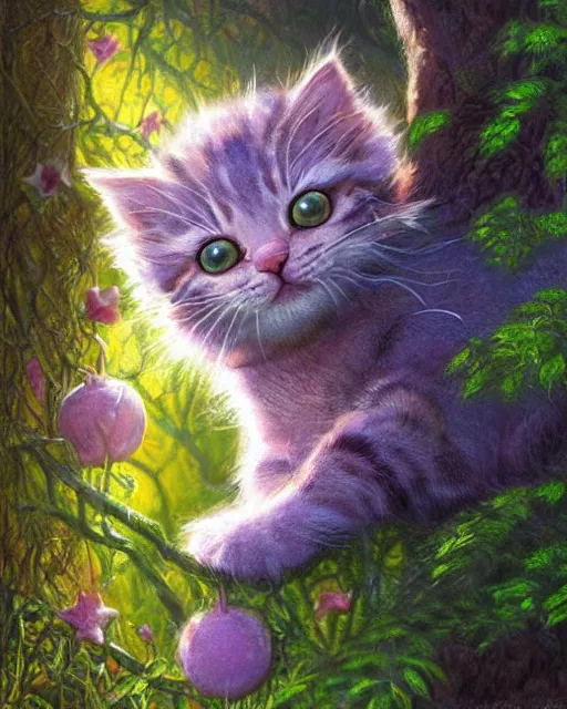 Prompt: an adorable cheshire kitten asleep in a tree | highly detailed | very intricate | symmetrical | whimsical and magical | soft cinematic lighting | award - winning | closeup portrait | wonderland | painted by donato giancola and paul lehr and ross tran | pastel color palette | featured on artstation