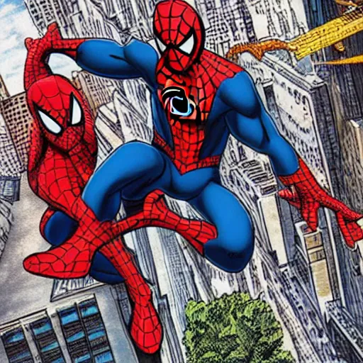 Prompt: spiderman swing on the new york, marvel illustration, by ghibli