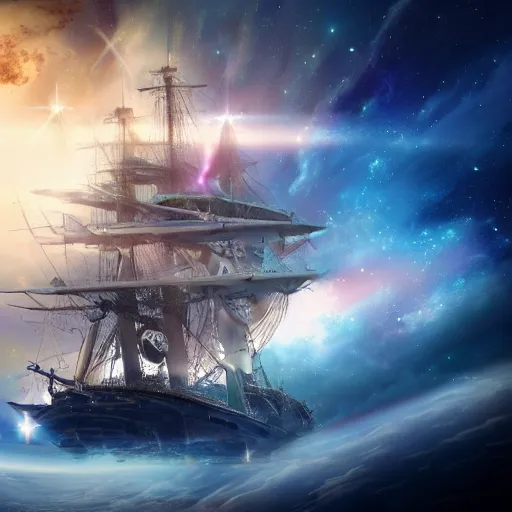 Image similar to a beautiful galleon ship floating in space nebula clouds, highly detailed space scene, ultra realistic, sharp focus, cinematic