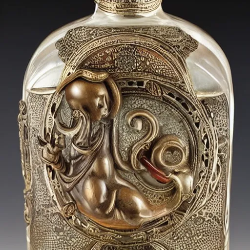 Prompt: An elegant hand grabsan ornate Djinn bottle spewing smoke, Arm is draped in swirling smoke, ornate hand, jewels, Byzantine