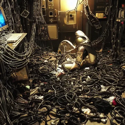 Prompt: “a photo of a kneeling knight wrapped in cables and chains in front of a glowing computer screen. The knight is in the center of a dark filthy dirty room filled with server racks and server cables hanging everywhere. The ground of the room is littered and covered with garbage and trash everywhere. It is dark and there are no lights. Cursed image. Nikon coolpix.”