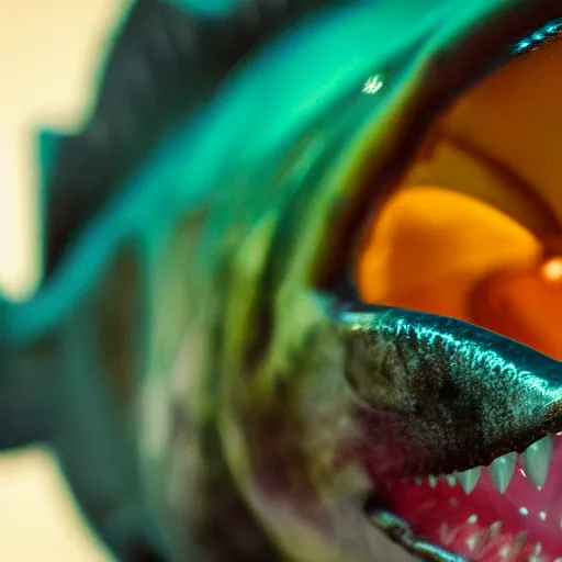 Image similar to closeup photo of Piranha with teeth - 35mm, bokeh, trending on artstation