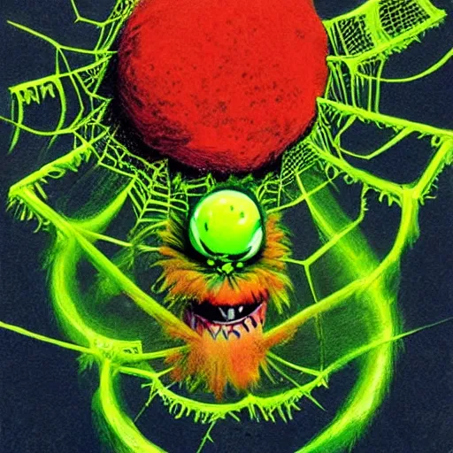 Image similar to a tennis ball monsters, spider, colorful, digital art, fantasy, magic, chalk, trending on artstation, ultra detailed, professional illustration by basil gogos