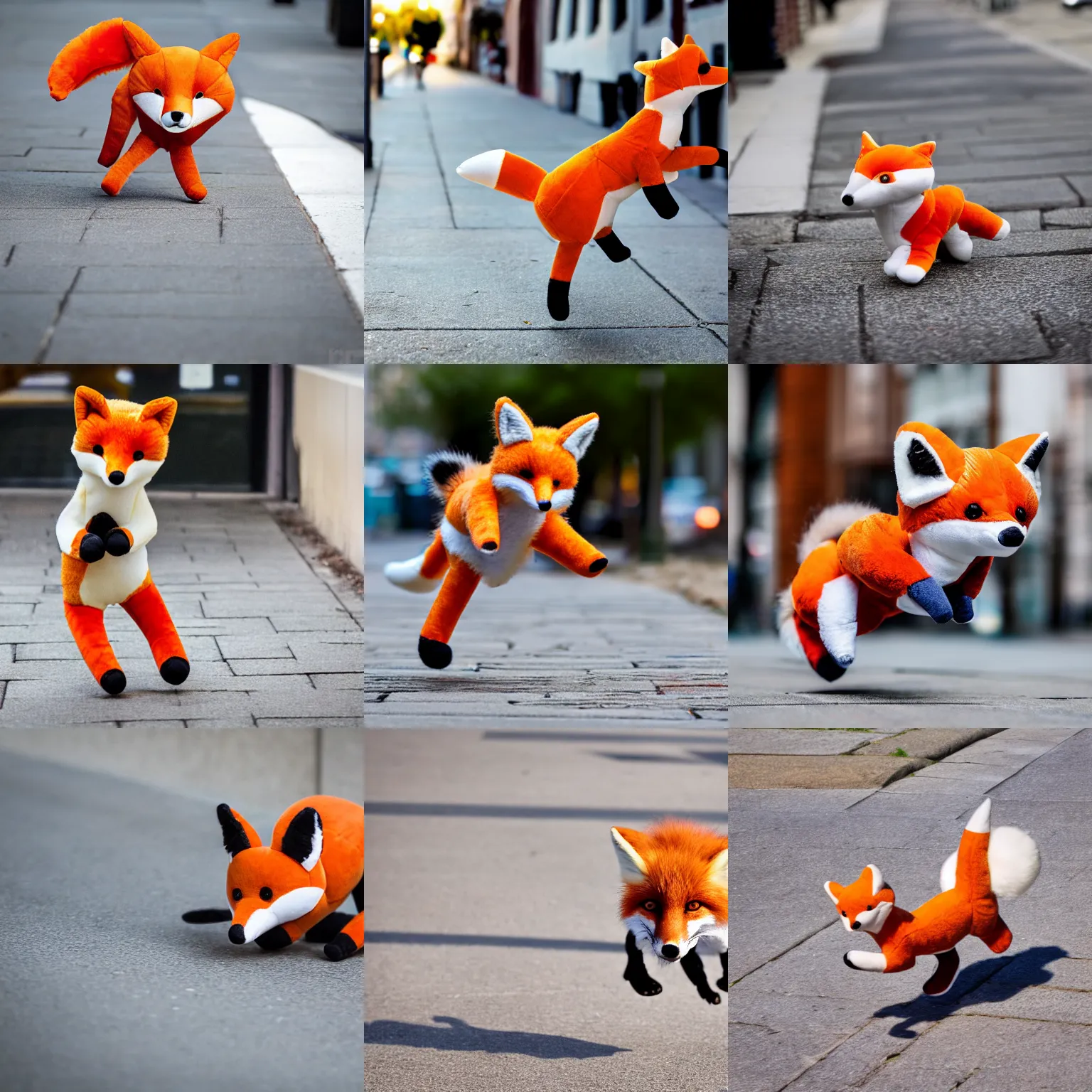 Prompt: An airborne stuffed animal fox plushie pouncing on the sidewalk, Sigma 85mm Lens F/1.8, dynamic, motion blur, award winning photography