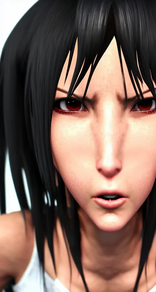 Prompt: closeup portrait of tifa lockheart punching the cameraman, action shot, photorealistic, octane render, hyperdetailed, artstation and pixiv