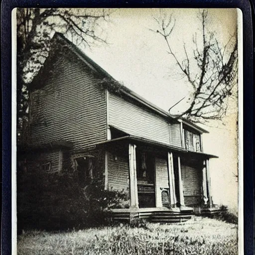 Image similar to A 1900's polaroid photograph of a house with a scary stick monster in the front door with bright white eyes, creepypasta, liminal