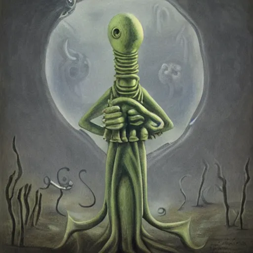 Image similar to squidward as a dark souls boss by Leonora Carrington